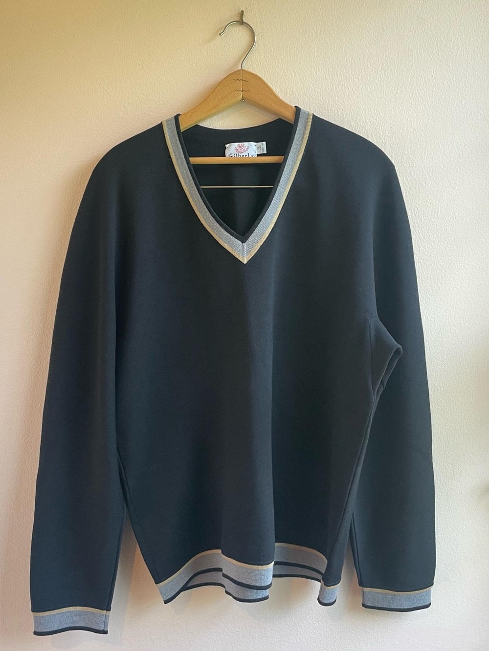 Vintage Gilbert Ltd Navy V-Neck Sweater Striped Trim As-Is Flaw
